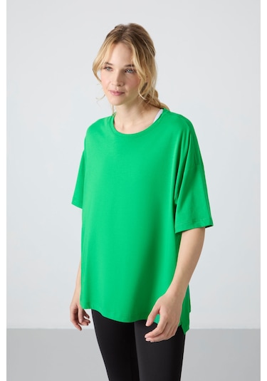 Tommy Life Yeşil Penye Modal Yumuşak Tuşeli Oversize Fit Basic Kadın T-shirt- 97285 Yeşil