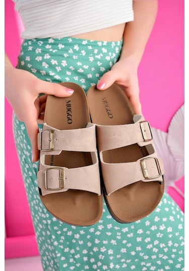 Muggo Rehda Garantili İki Toka Rahat Taban Ayarlanabilir Unisex Terlik Bej