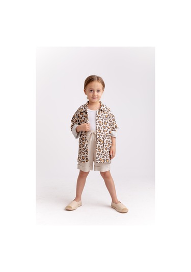 Oliven The Kid Unisex Leopar Müslin Ceket Ekru