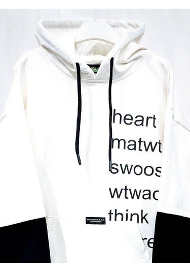 Çocuk Pamuklu Kapüşonlu Heart Mat Yazılı Sweatshirt-14830 Ekru