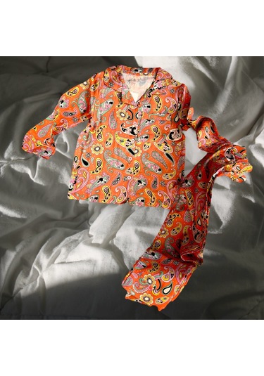 Kız Çocuk Düğmeli Pijama Takımı Gömlek Yaka Şal Desen Turuncu Renkler Ev Giyim -müslin Pamuklu Turuncu