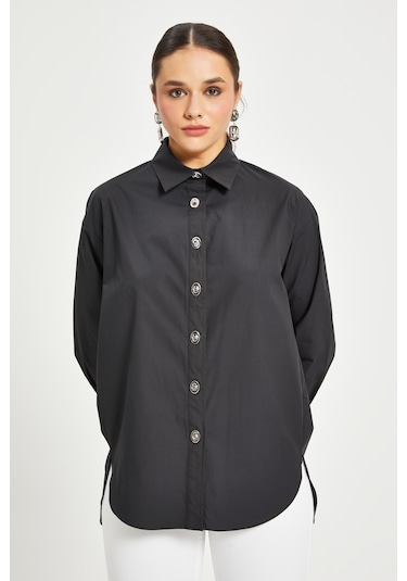 Kadın %100 Koton Oversize Gömlek Taş Düğme Detaylı Uzun Kollu Şık Model Siyah