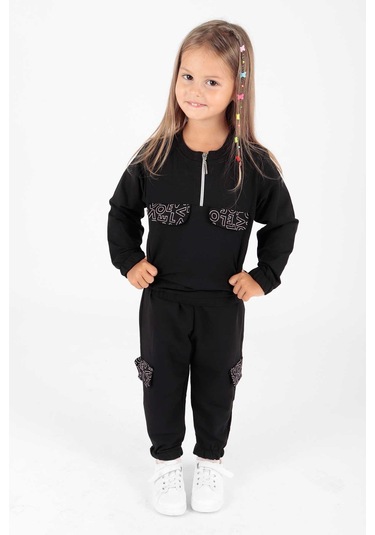 Ahengim Kız Çocuk Cepleri Baskılı Eşofman Takımı Ak2232 Siyah