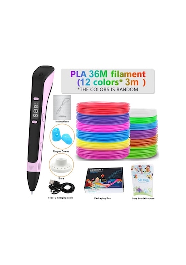 Xuweiwei Pembe 3d Yazıcı Çizim Kalemi Seti 3x3m Dıy Çizim Baskı Aleti 9m Pla Dolumlar Parmak Koruyucu Eskiz Defteri Lcd Ekranlı El Sanatları Aleti