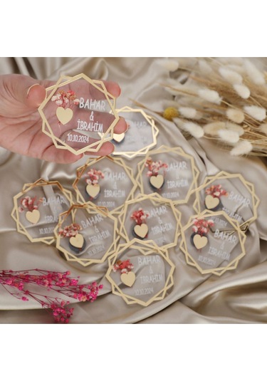 10 Lu Kişiye Özel Akrilik Magnet Nikah Şekeri - Altın Detaylı Çiçekli Tasarım