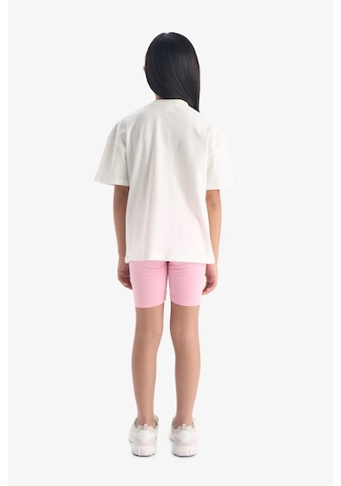 DeFacto Kız Çocuk 2'li Takım Baskılı Kısa Kollu Tişört Biker Tayt E4757A825SMER140