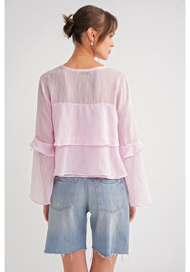 4735 Kadın Uzun Kollu Fırfırlı Bağlamalı Bluz Pembe Pembe