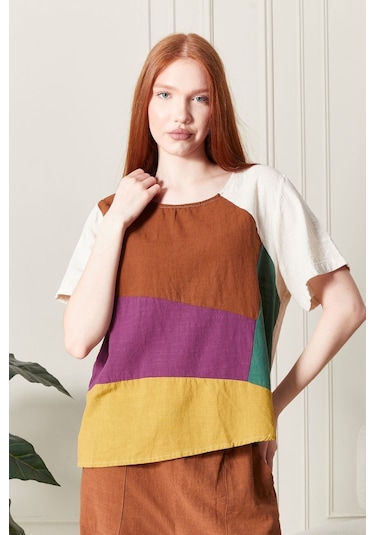 Keten Gökkuşağı Asimetrik Kesim Bluz Renkli Ve Şık Tasarım Bej