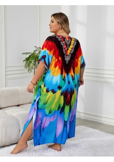 Edolynsa Şık Kadın Kaftan Bohem Renkli Bornoz Rahat Büyük Beden Moo Moo Elbise Taze Elbise Tatil Partisi Uzun Elbise Kıyafet Q1594 Çok Renkli