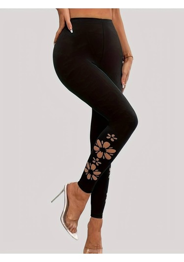 Supplierby Kadın Yanları Lazer Çiçek Kesim Yüksek Bel Dalgıç Tayt Siyah