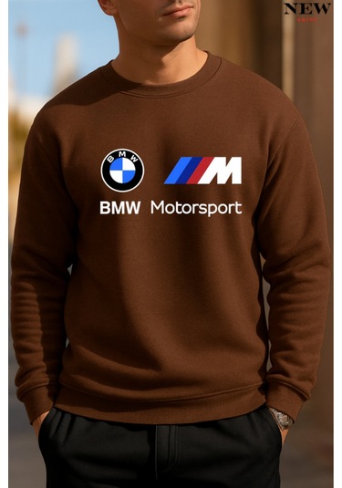 Baskılı Bisiklet Yaka Sweatshirt Kahverengi