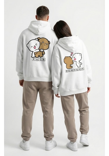 Nevermind Unisex Oversize Ayıcık Baskılı Çift Hoodie Beyaz