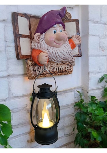 1 Adet Dekoratif Duvar Ve Bahçe Süsü Fenerli Sevimli Cüce Mor