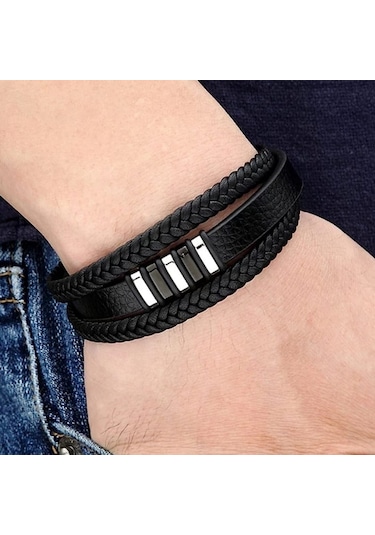 Erkek Hakiki Deri Bileklik Siyah Manyetik Toka Bileklik Db5019 Gri