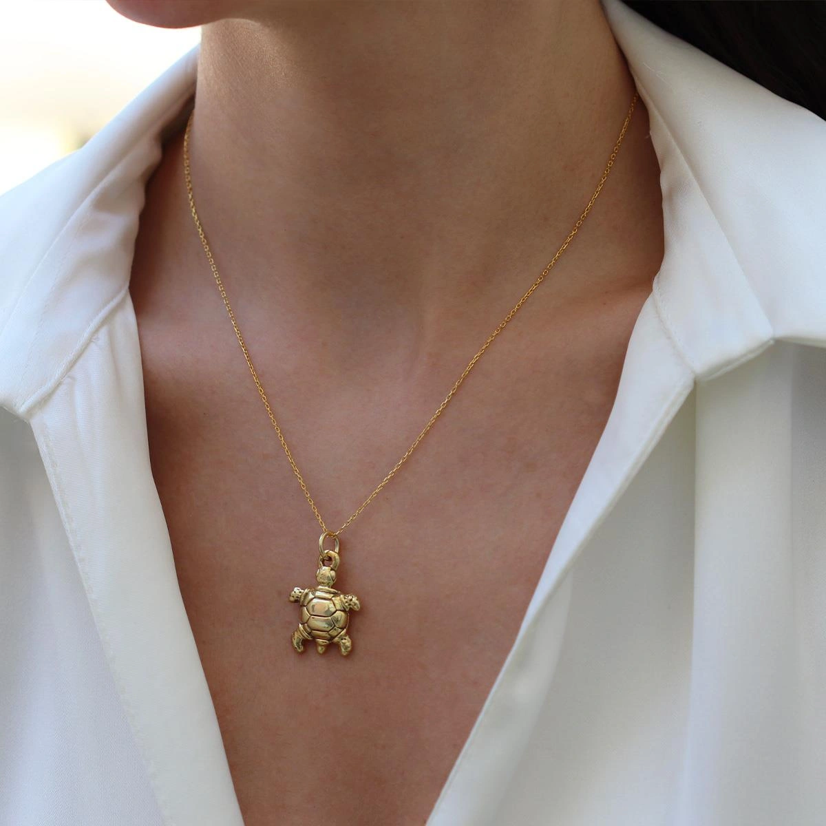 Kaplumbağa Bombeli Gold Gümüş Kolye Gümüş