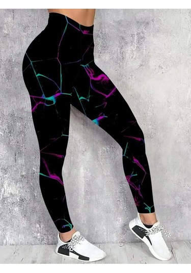 Kadın Yüksek Bel Renk Detaylı Dalgıç Tayt Desenli