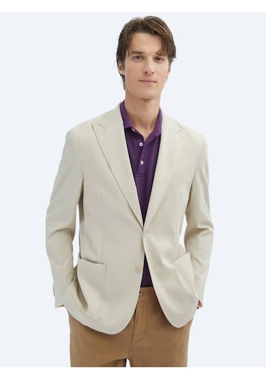 Kip Bej Desenli Modern Fit Ceket Bej
