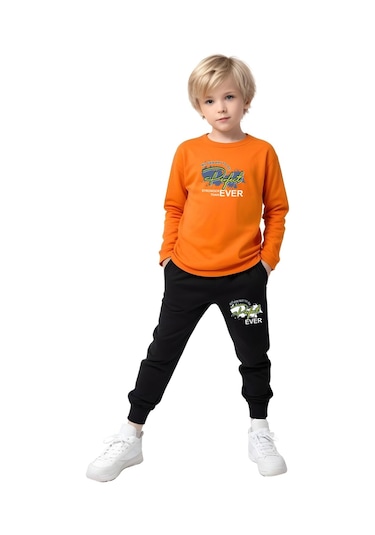 2li Erkek Çocuk Baskılı Sıfır Yaka Mevslimlik Alt-üst Takım Turuncu - Lacivert