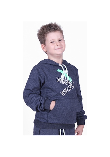 X Baskılı Kanguru Cepli Kapüşonlu Erkek Çocuk Füme Sweatshirt Füme
