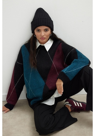 Manuka Baklava Desen Triko Kazak Petrol