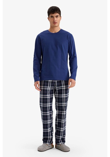 Defacto Pijama Takımı Regular Fit Uzun Kollu Üst Kareli Uzun Alt F5214ax25wnnv131 Lacivert-nv131