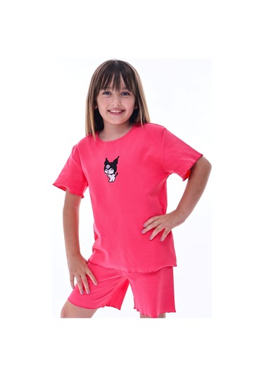 Ribana Beybi Overlok Detaylı Kuromi Nakışlı Alt-üst Takım Fuşya