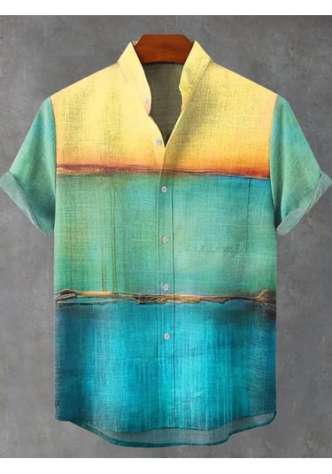 Snapbuy Retro Erkek Keten Gömlek - Yaz Serin Rahat Kısa Kollu Japon Desen Baskılıordu Yeşil Ordu Yeşil