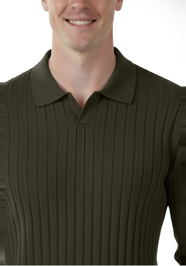 Deepsea Erkek Haki Polo Yaka Fitilli Triko Kazak %100 Pamuk, Esnek Dokulu, Modern Kalıp 2605305 Haki