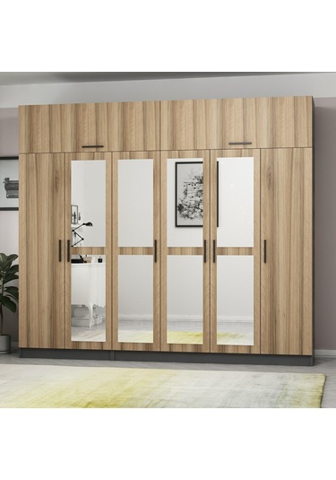 Minar Kale 6 Kapaklı 4 Aynalı 2 Ç Dolap Ve Yüklük Antrasit Dore 235cm