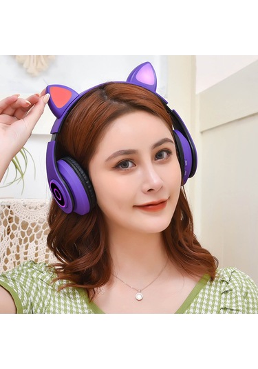 Moveevo Mor Işıklı Kedi Kulaklı Bluetooth 5.0 Kulaklık - Mikrofonlu, Aux/tf Kart Desteği, Kablosuz Müzik Ve Konuşma