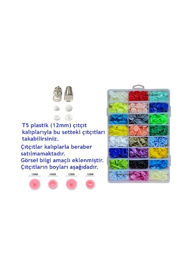 Tulumba Pres Ve Plastik Çıtçıt Seti. 12mm Plastik T5 Çıtçıt Seti - Sarı Pres