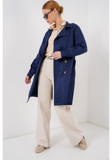 5864 Kruvaze Yaka Kısa Trençkot - Lacivert Lacivert