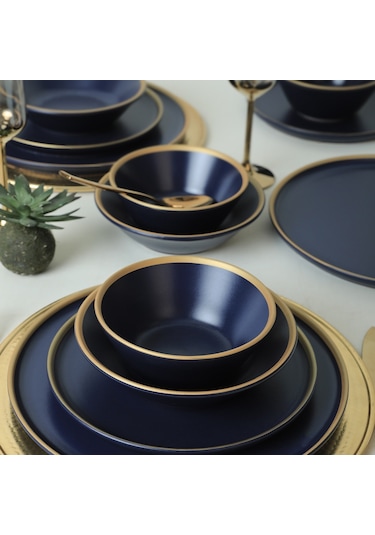 Keramika Mat Lacivert Gold Fileli Yemek Takımı 24 Parça 6 Kişilik
