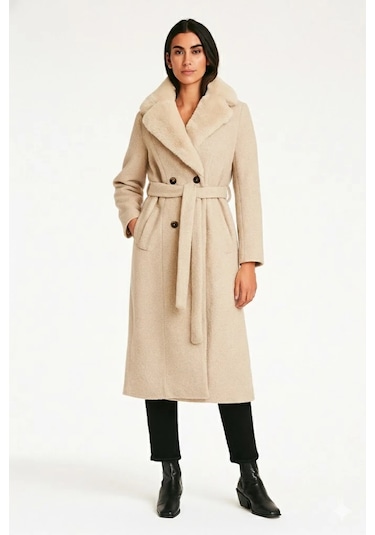 Kadın Kahverengi Bukle Kumaş Uzun Kaban Büyük Yakalı Kışlık Palto Teddy Kaban Taş