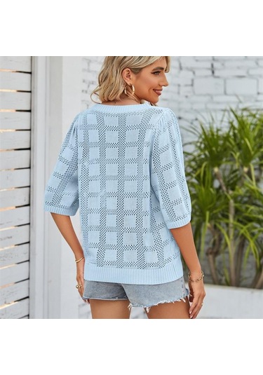 Hnxc Kadın Modası Rahat Yazlık Düz Renk Baskılı 3/4 Kollu O Yaka Bluzlar Ve Gömlekler Siyah