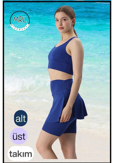 Kadın Takım Alt - Üst Biker Şort Diz Üstü &crop Bra Ped Destekli Denizde Havuzda Sporda Mavi Mavi