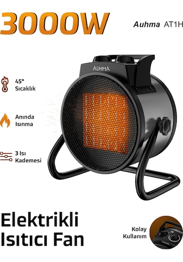 Auhma At1h Elektrikli Isıtıcı Fan Gri 3000w Hızlı Isınma, 3 Kademeli Ayar, Sessiz Ptc Isıtma Tekno