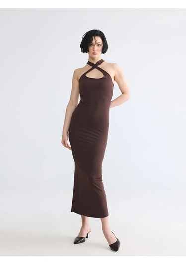 LC Waikiki Kahverengi Halter Yaka Bodycon Elbise