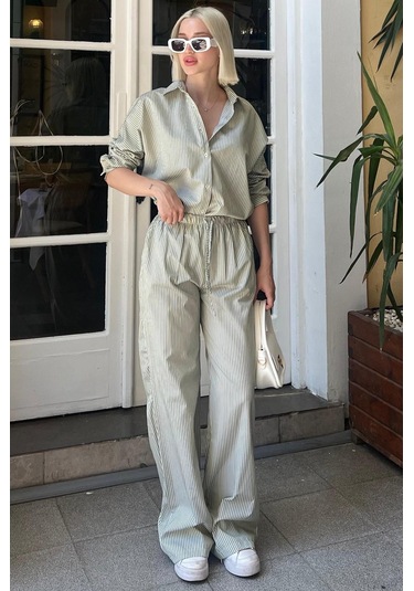 Madmext Yeşil Uzun Kollu Çizgili Gömlek Pantolon İkili Takım Mg2124-yeşil Yeşil