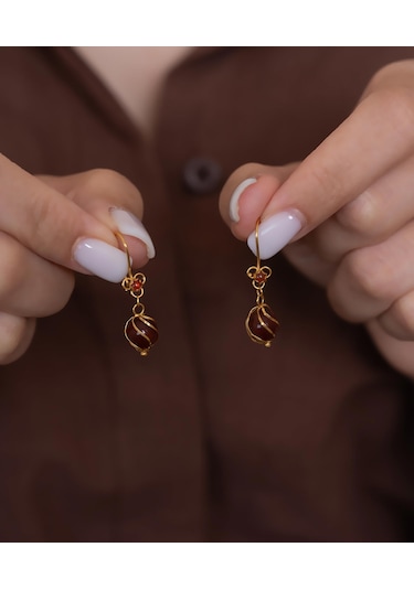 14 Ayar Altın Akik Taşlı Sallantılı Küpe Sarı Altın