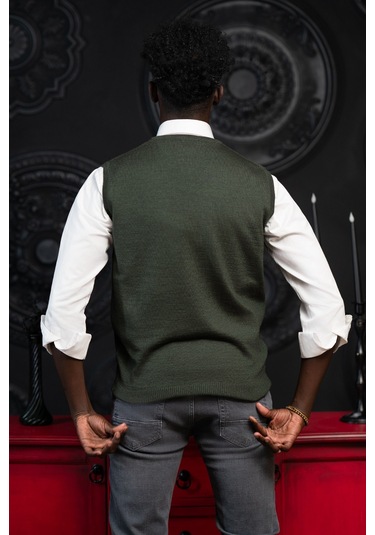 V Yaka Regular Fit Yünlü Kolsuz Triko Süveter Yeşil