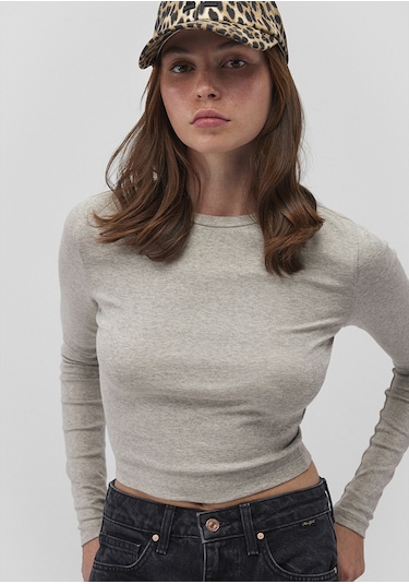 Mavi - Uzun Kollu Gri Crop Basic Tişört 1612822-88467 Gri