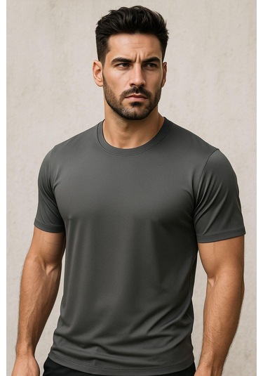 Erkek %100 Pamuk Slim Fit Sporcu Tişört Basic Bisiklet Yaka Kısa Kollu T-shirt Gri
