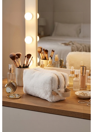 Fluffy Çift Fermuarlı Organizer Çanta Xl Bej