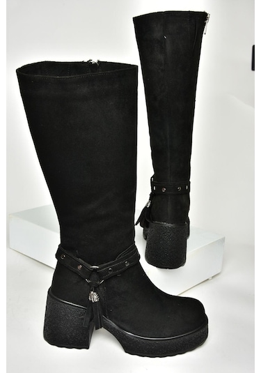 Fox Shoes T996224002 Siyah Süet Kalın Topuklu Kadın Çizme Siyah-süet