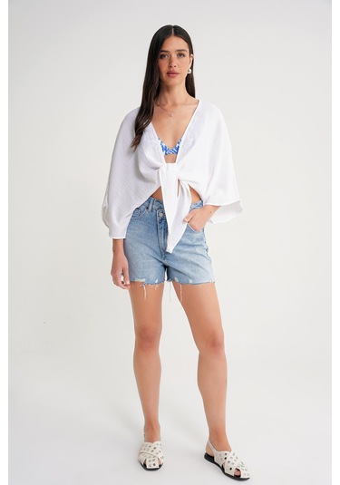 4723 Kadın Önü Bağlamalı Bolero Bluz Ekru Ekru