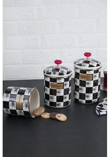 Acar Qualita King Emaye 3 Parça Kavanoz Seti Büyük Boy Beyaz - Siyah