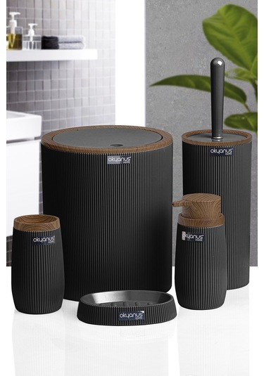 Okyanus Home Siyah Ahşap Çizgili Yuvarlak 5'Li Banyo Seti