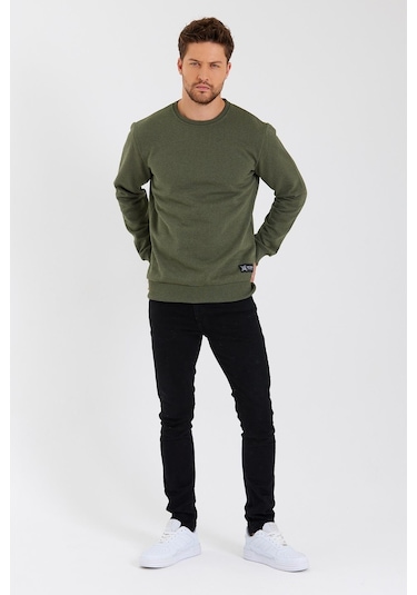 MMetalic Bisiklet Yaka Etiket Detayı İçi Pamuklu Erkek Sweatshirt Haki