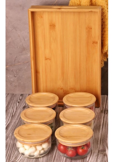 Duo 300 Ml Silikonlu Bambu Kapaklı Cam Kahvaltılık Lüx Kahvaltılık Sunum Seti Kahverengi